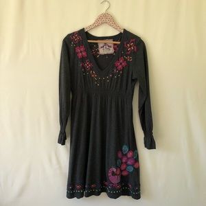 Johnny Was JWLA dark gray v-neck dress w/ peacock